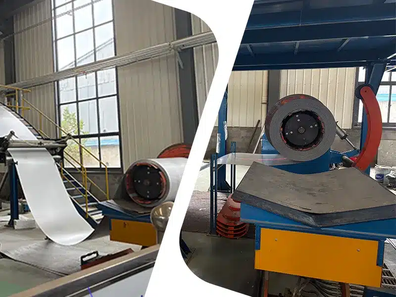 The upper and lower layers of steel coils enter the production machinery